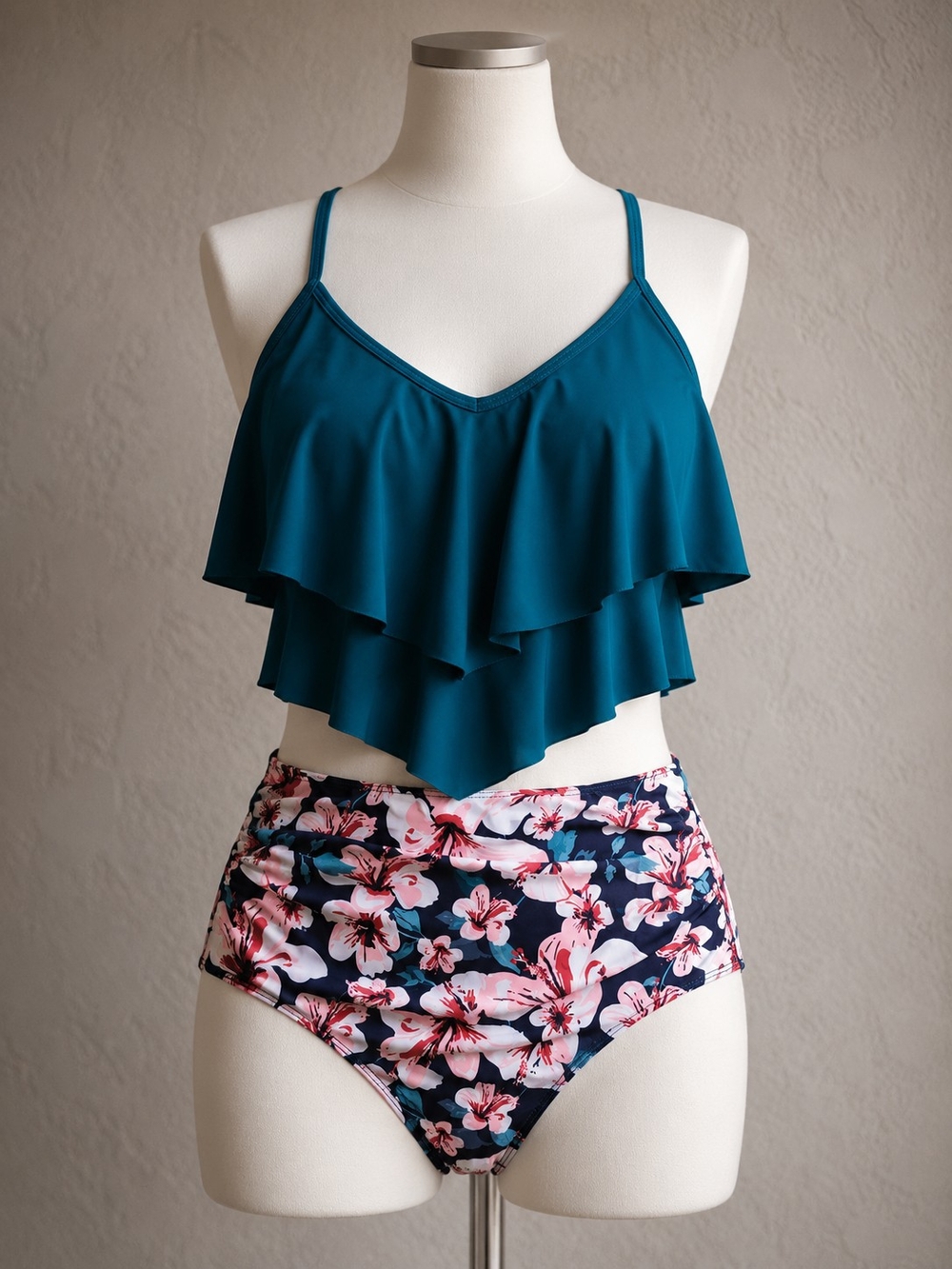 Ruffled Teal Two-Piece Swim Set with Floral High-Waist Bottoms
